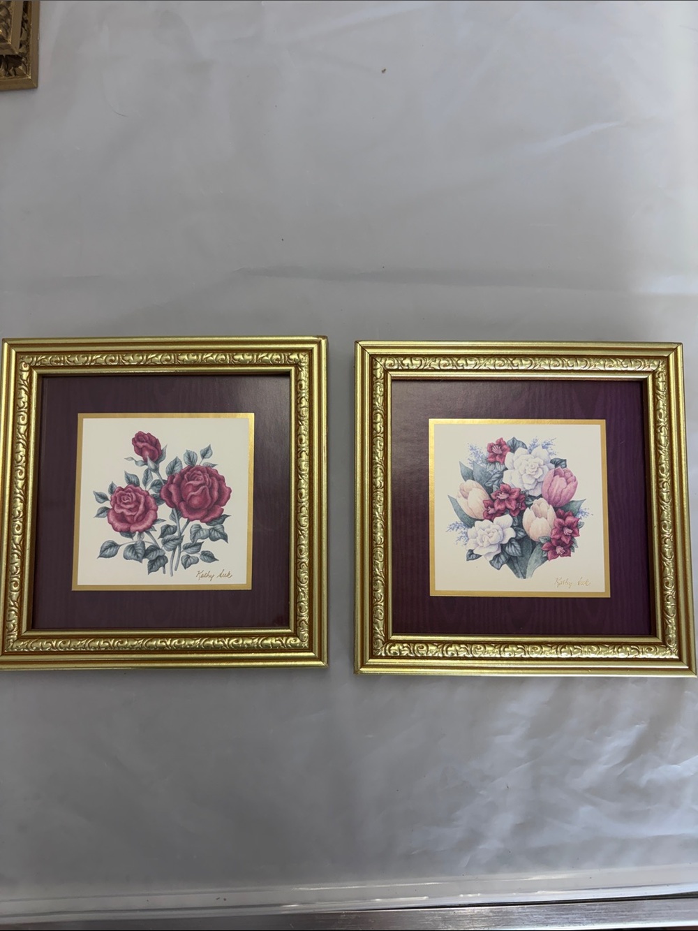 Gold Framed Floral Wall Art Pair with Burgundy Mats